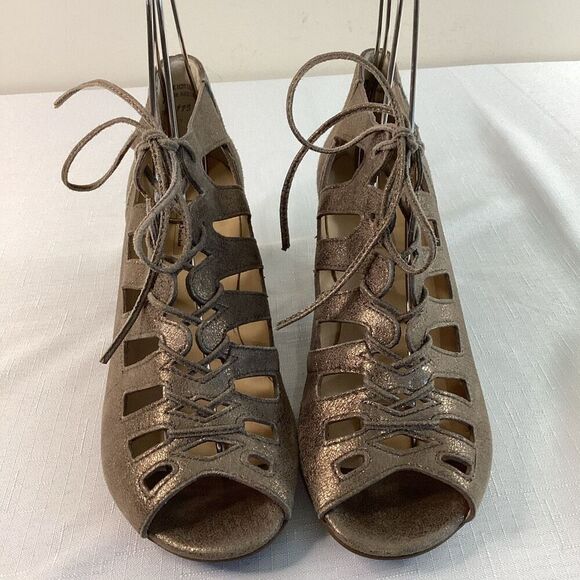 Paul Green Leather Metallic Lace-up Stacked heel Sandals Size 7 (38) - Picture 4 of 13